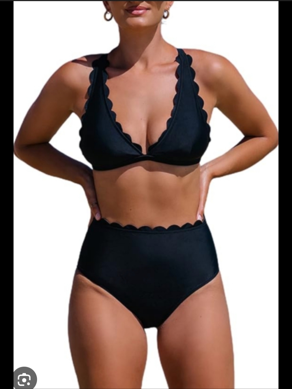 Scalloped High-Waist Black Bikini Set - Women's Swim
